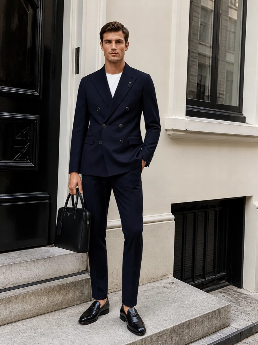Lardini navy blazer slim trousers prada bag