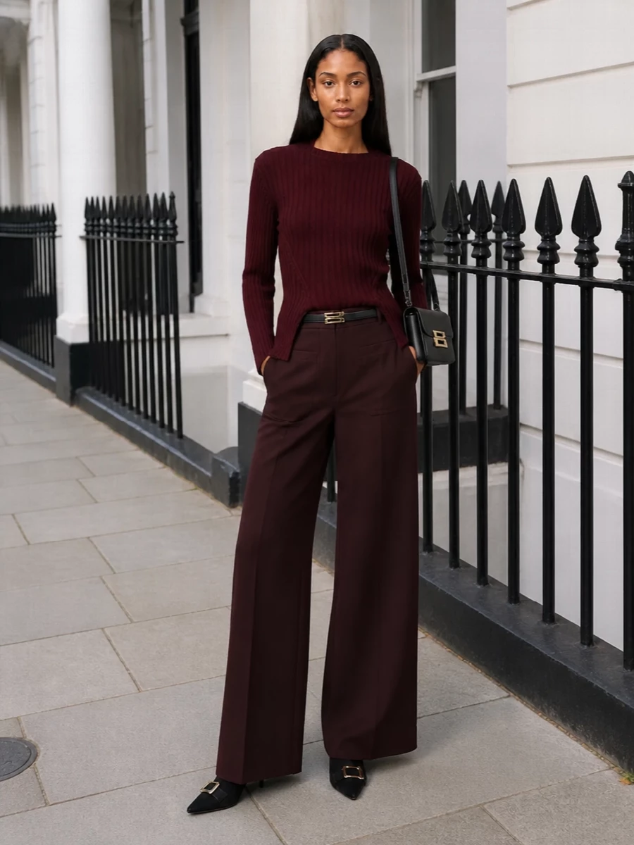 Victoria beckham burgundy sweater wide leg trousers
