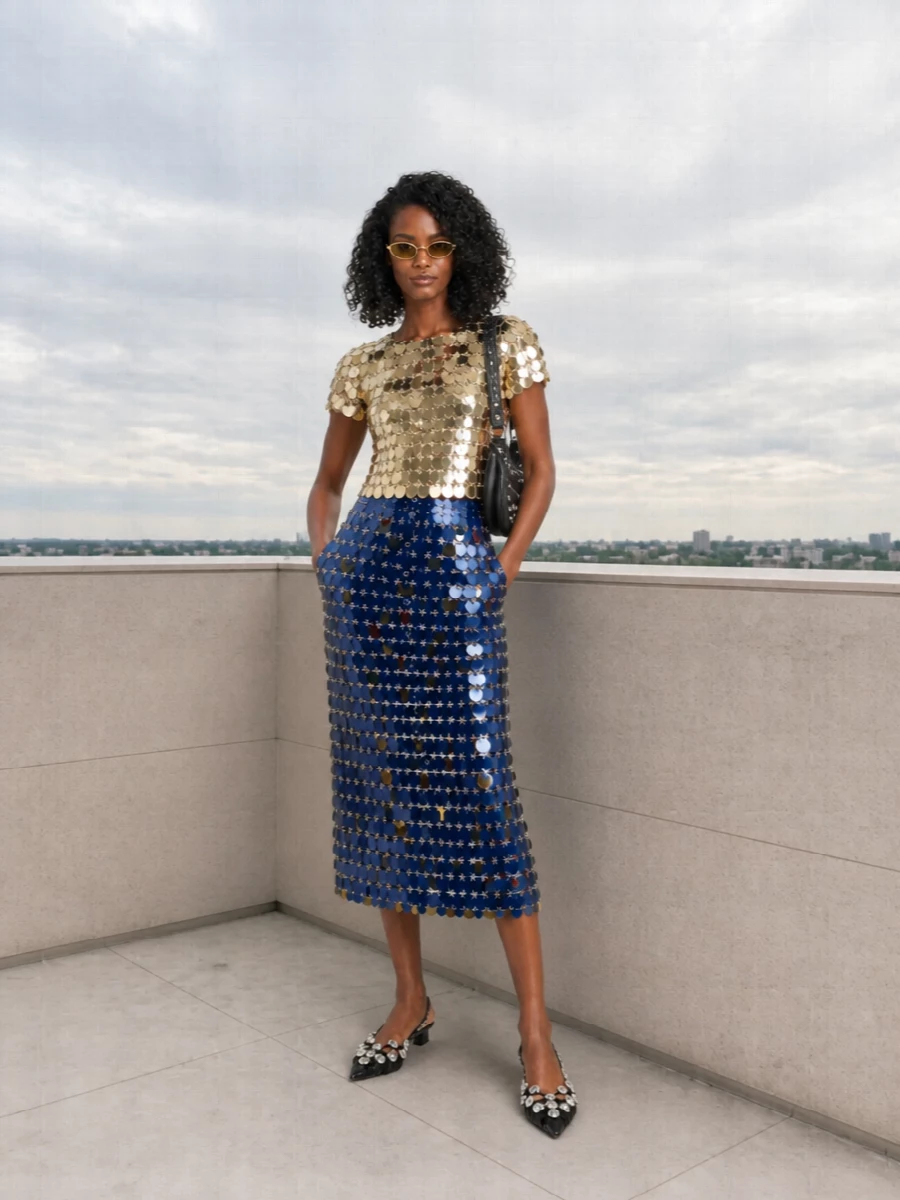 I’m building this around the sunglasses’ unapologetic Y2K attitude, so a Paco Rabanne sequin set feels like the most authentic pairing. The gold shell and cobalt skirt give full-on discoteca energy, while sharp black embellished slingbacks and a studded baguette ground it in sleek, modern nightlife polish. Top and bottom win over a dress because the two-piece silhouette feels fresher and more directional with the rimless Fendi frames.