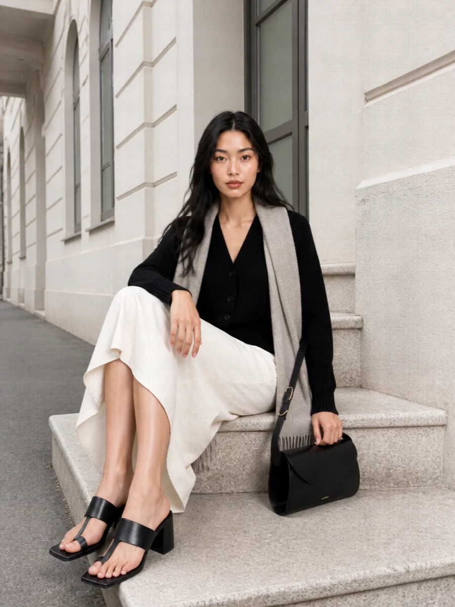 A black Jil Sander cardigan is sharpened with a soft ivory A-line midi, creating a calm black-and-cream column that feels quietly composed. Square-toe black slides and a slim structured shoulder bag keep the lines graphic and intentional. A gauzy taupe scarf softens the monochrome tension just enough for all-day wear that still reads considered for dinner.