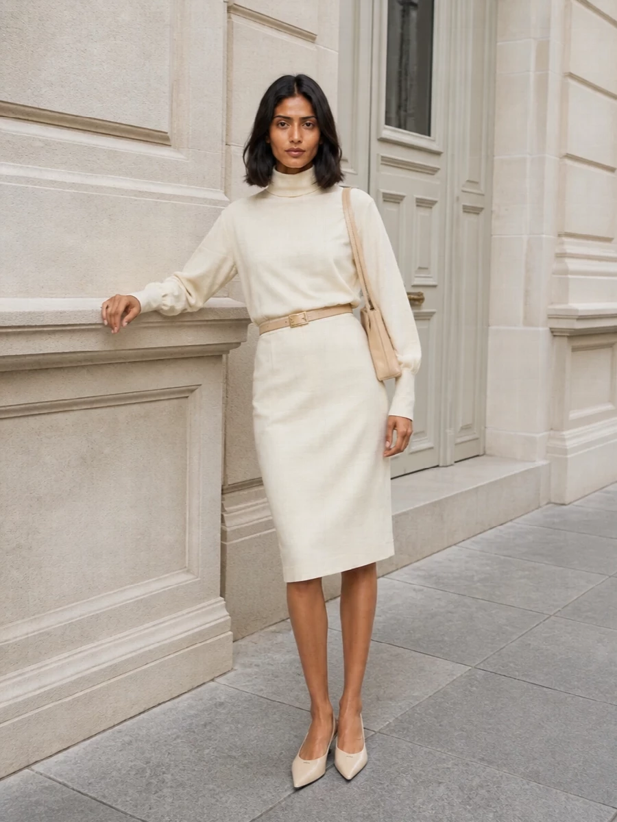 A tonal buttercream story keeps the pencil skirt and high-neck blouse reading like a single, sculpted column. The pointed kitten slingbacks and slim neutral belt refine the proportions without interrupting the calm palette, while the structured shoulder bag adds just enough definition for client-facing days or hushed dinners. It is a quietly assertive take on tailoring that feels precise yet gentle against the skin.