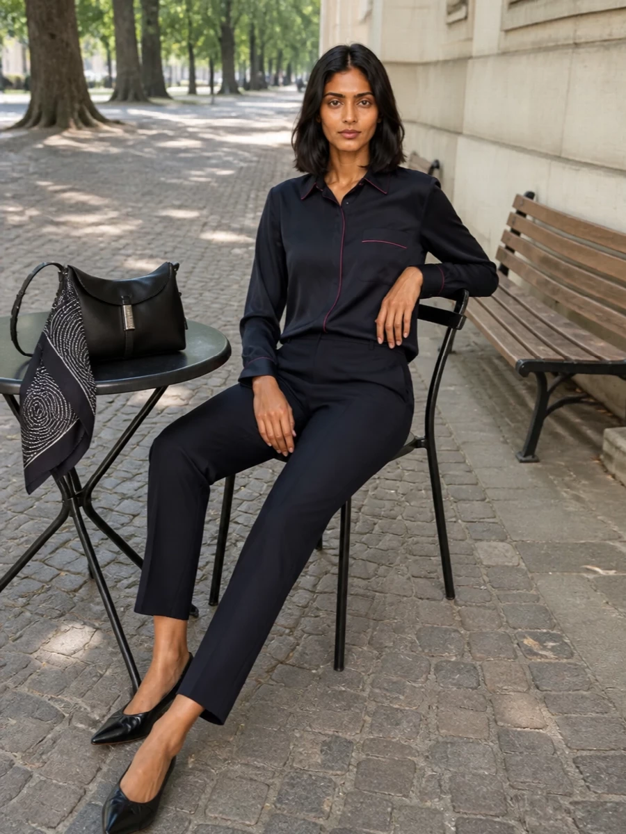 Navy tailoring meets subtle pajama references in a clean, modern pairing that feels relaxed but precise. Slim trousers sharpen the fluid shirt, while black accessories keep the palette focused and quietly refined. A dark, graphic scarf adds just enough interest without disturbing the calm lines.