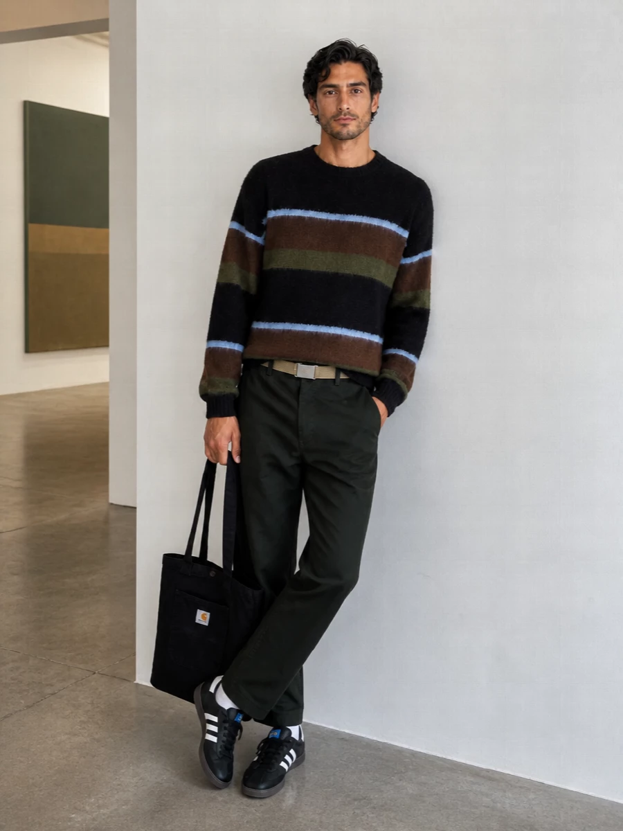 Carhartt striped knit olive work pants outfit