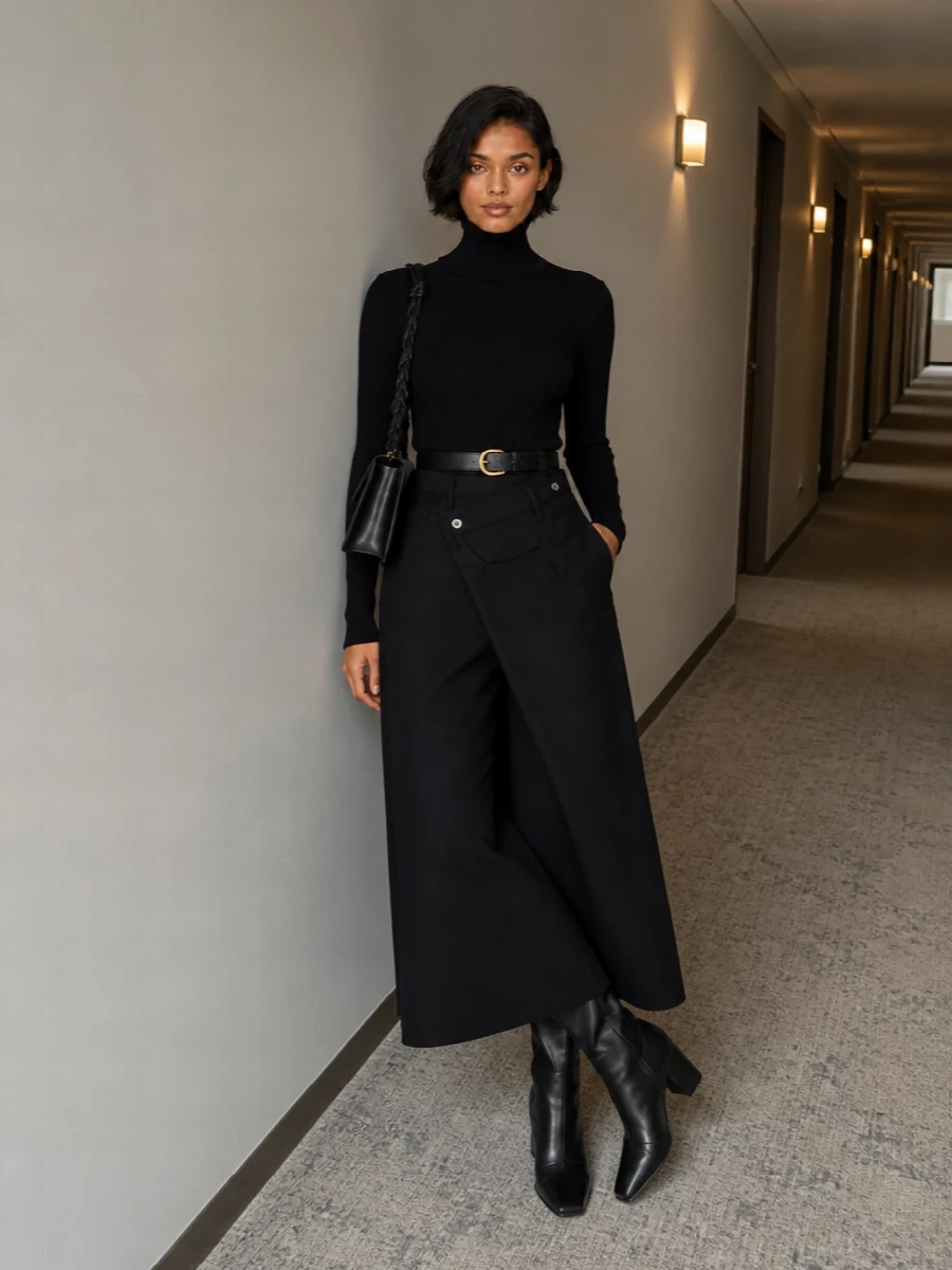 A high-waisted Junya skirt and a pure black ribbed turtleneck create a long, sculptural column in deep black, letting cut and proportion do all the work. Sculptural Coperni knee-high boots continue the clean line, while a structured Jil Sander cross-body and a slim crescent belt add just enough hardware to keep the mood sharp and intentional. The result is quietly assertive city tailoring with a deconstructed edge, ideal for gallery evenings or architect-level office days.