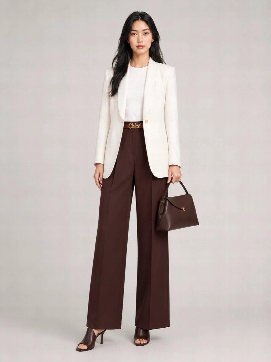 Deep chocolate tailoring is cut by a clean ivory blazer for a precise, elongated silhouette that reads boardroom first, late dinner second. The matching brown mules, belt, and structured bag keep the palette tightly edited, so the focus stays on proportion and line rather than noise.
