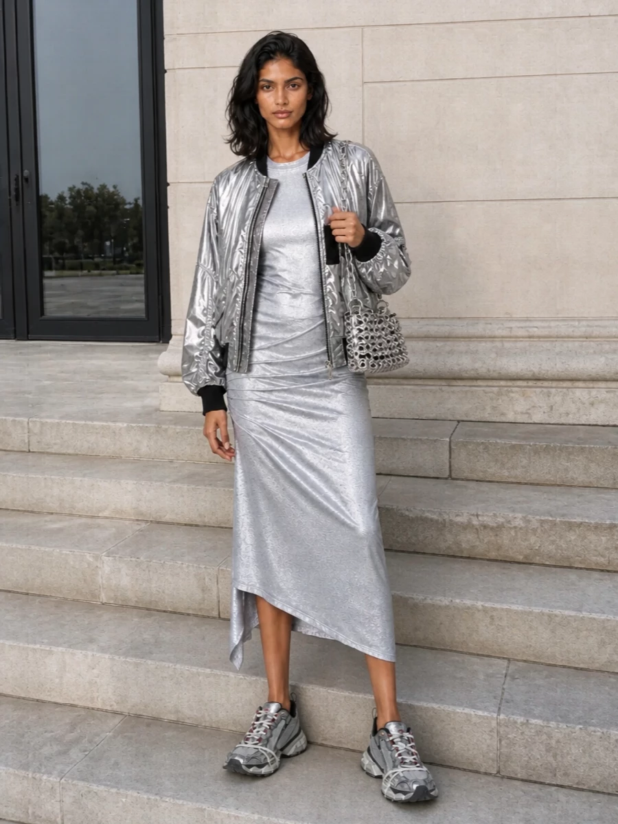 Junya bomber paco rabanne silver dress outfit