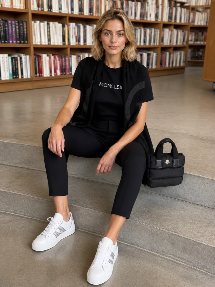 Moncler black tee cropped trousers sneakers