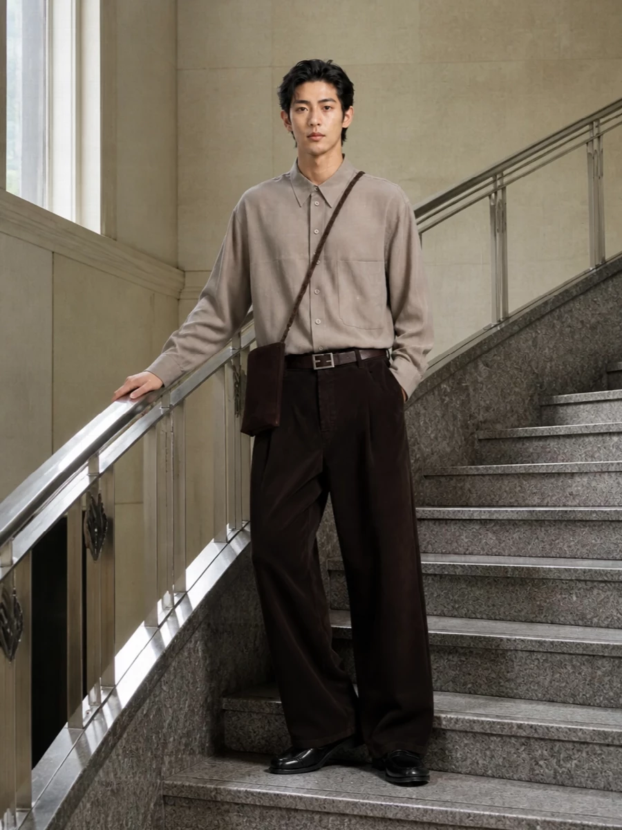 Studio nicholson brown wide leg trousers outfit