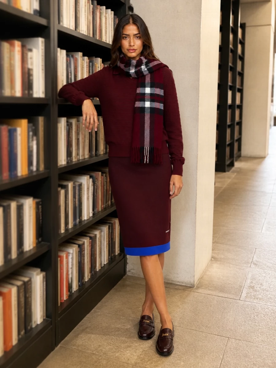 Miu miu burgundy knit skirt outfit loafers