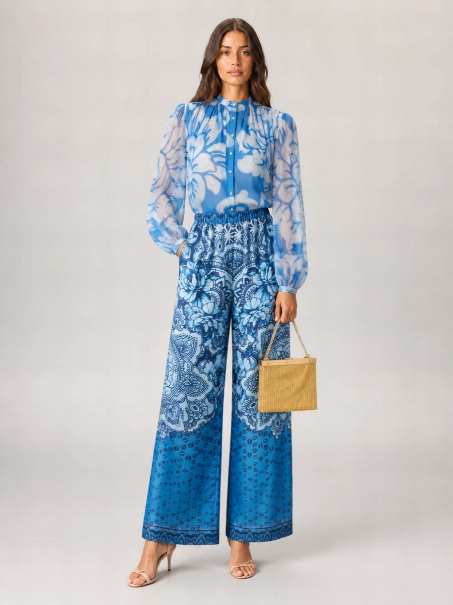 Alberta Ferretti Silk Printed Wide-Leg Trousers