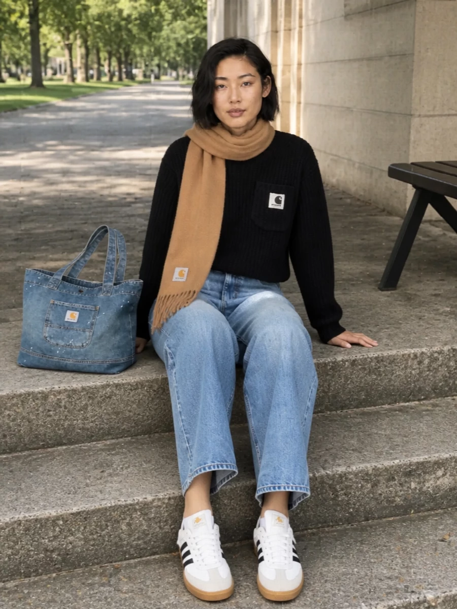 Cropped wide-leg denim and a boxy black knit set a clear, grounded waist that keeps all the volume feeling intentional. Classic white and black gum-sole sneakers and a splattered denim tote lean into a low-key workwear mood that still reads sharp. A camel scarf finishes it with a hit of warmth and color that stays firmly in the streetwear lane.