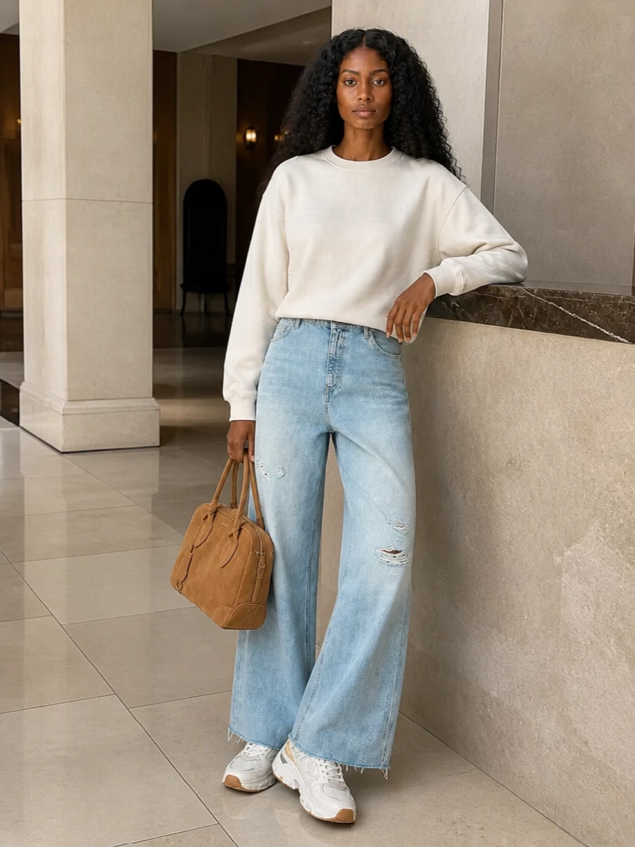 A softly monochrome streetwear ensemble built around light-wash wide-leg denim and an off white sweatshirt lets the Golden Goose runners feel intentional rather than casual afterthought. The high rise and wide leg give the chunkier sneaker room, while the clean, neutral palette keeps everything modern and quietly luxurious. A structured camel suede bag adds tactile warmth without breaking the relaxed, downtown mood.