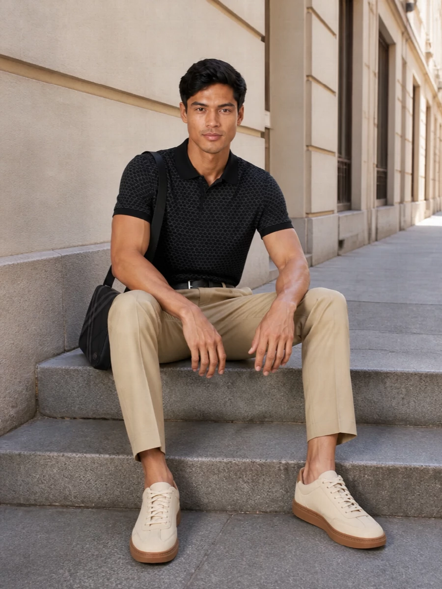 Boss polo khaki chinos cream sneakers outfit