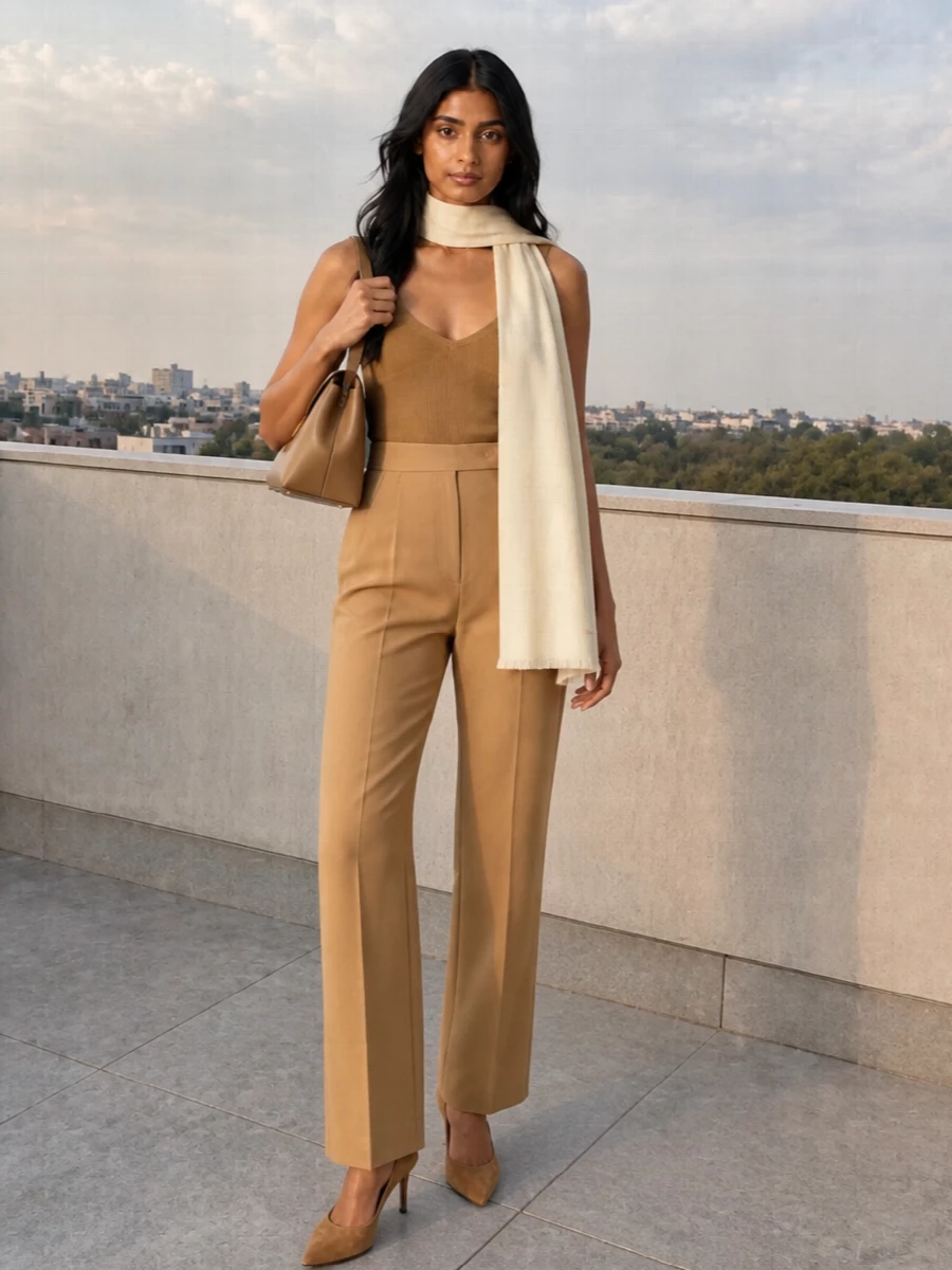 Max mara camel camisole tailored trousers outfit