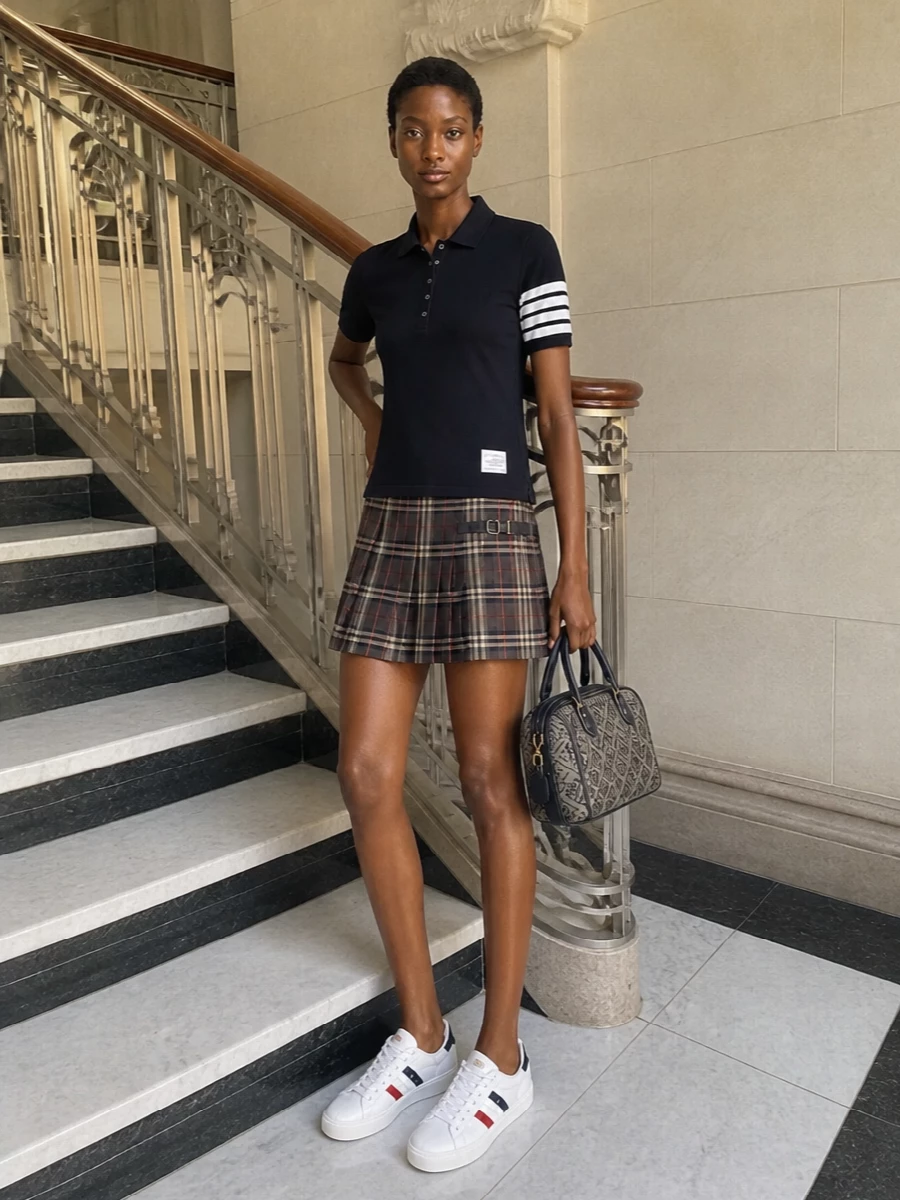 A navy Thom Browne polo meets a Burberry tartan mini for a sharp take on collegiate style that still feels grown up. Moncler’s tricolour tennis sneaker keeps the palette cohesive and sporty, while a structured Tory Burch bowler bag adds just enough polish for city days or casual dinners. The mix reads classic and preppy without feeling precious, grounded in navy with subtle heritage checks and clean lines.