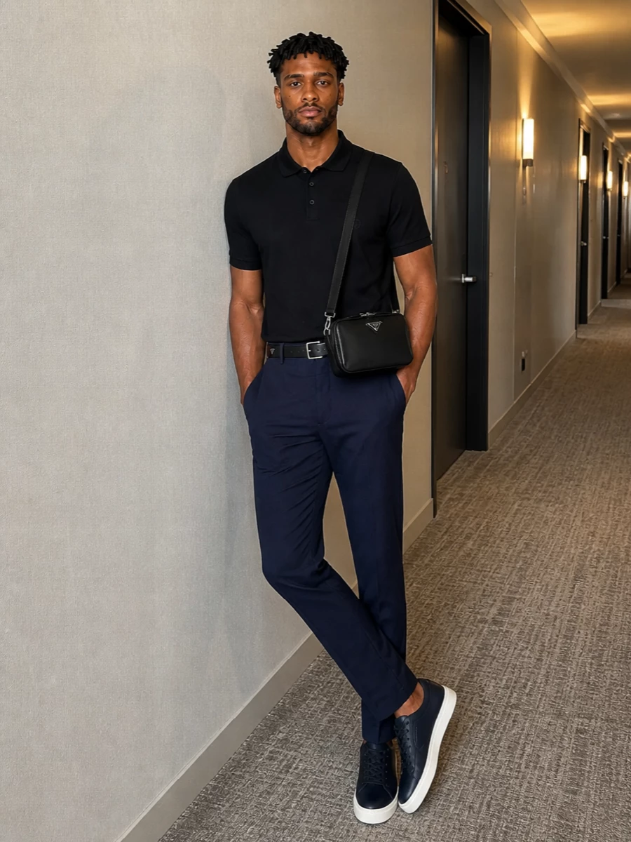 Giorgio armani black polo navy trousers outfit