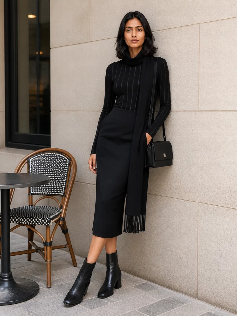 Max mara black cowl neck pencil skirt outfit