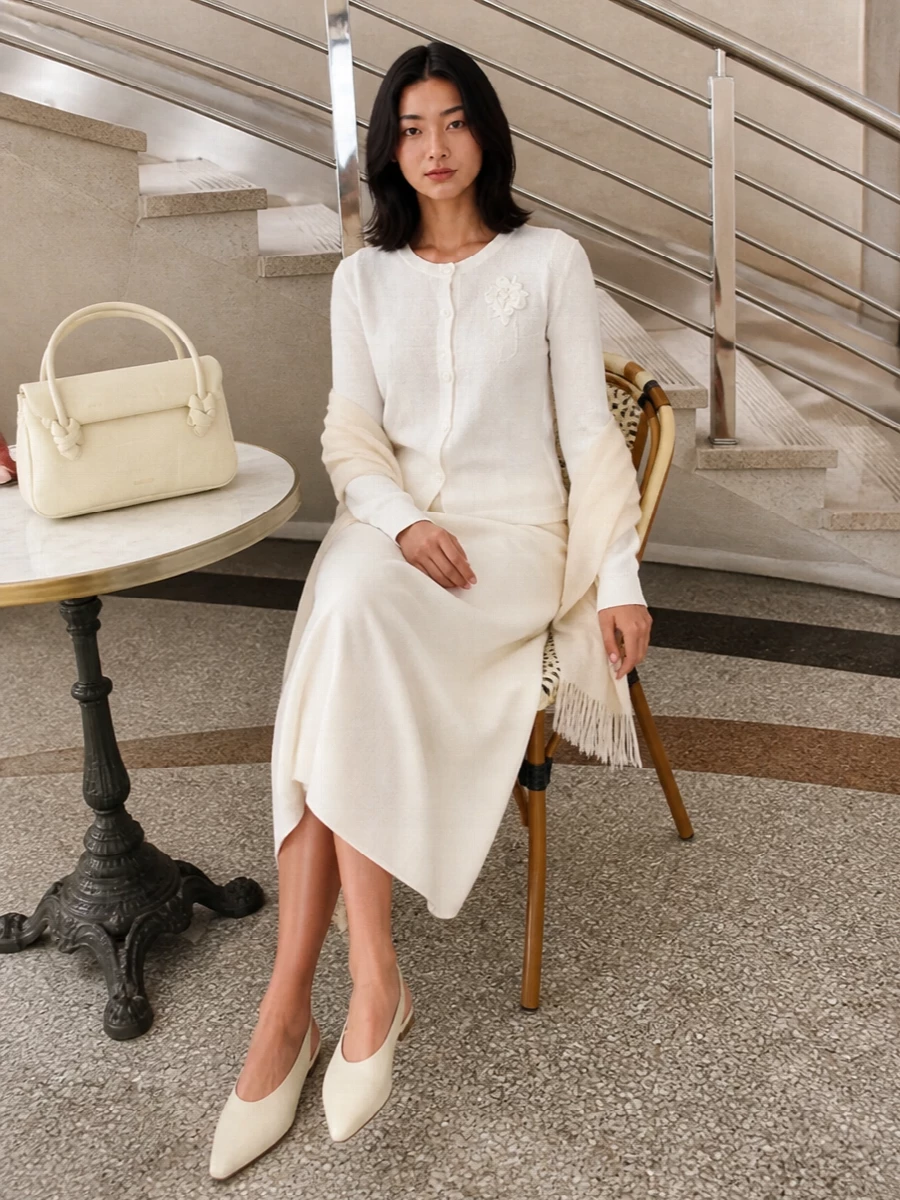 Jil sander white cardigan ivory midi skirt outfit