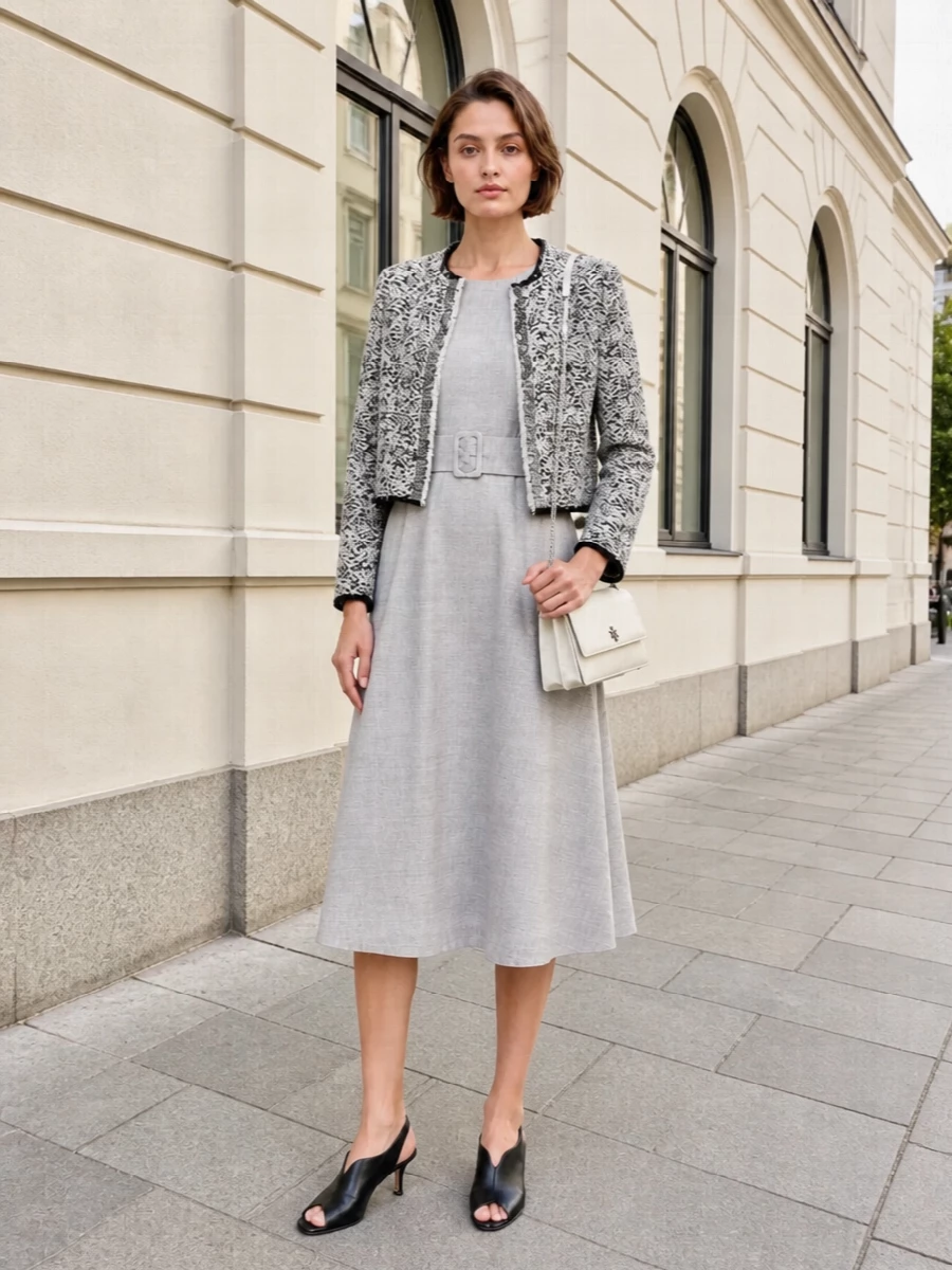 I’m styling the tweed Iro jacket over the Parosh heather-grey belted midi dress, so the tailoring reads intentional rather than over-layered with extra separates. The monochrome and soft neutral mix keeps it city-ready, while the Iro kitten heels and small ivory shoulder bag sharpen the finish for meetings that slip into early dinner. It is quietly confident, structured and clean, without ever feeling stiff.