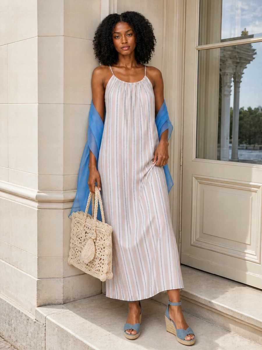 A sand striped maxi skims the body, grounded with blue espadrille wedges that quietly pick up its palest tones. An ivory crochet tote keeps the mood relaxed yet intentional, echoing the dress’s vertical texture. A sheer sky blue wrap is there for late-afternoon breezes, adding just a hint of color without shifting the easy, beach-to-cocktail energy.