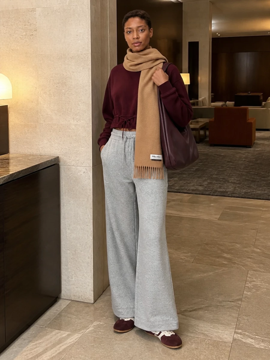 Dries van noten burgundy sweatshirt wide leg outfit