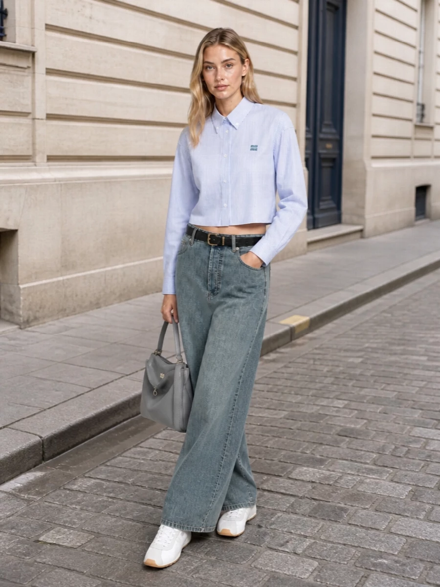 Miu Miu’s wide-leg washed grey jeans are paired with the cropped pale blue striped shirt for a modern, collegiate proportion—a sharp top against an easy, architectural leg. Clean white-and-grey retro sneakers keep the mood relaxed but refined, while the structured grey Balenciaga top-handle and a slim black YSL belt lend just enough polish to make the look feel intentional for SS city dressing. The result is minimalist, preppy streetwear with a quietly luxurious finish and a considered, elongated line.