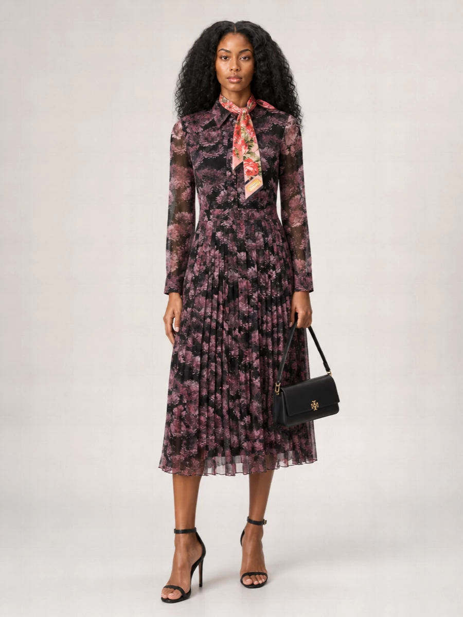 Tory Burch Silk Dress With Floral Pattern And Pleated Skirt