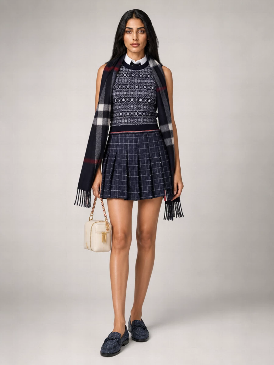 A collegiate Thom Browne knit meets a navy check mini for a uniform-inspired outfit that feels sharp but easy to wear. Textured navy loafers keep it grounded and polished, while a cream box bag introduces a clean, structured contrast. A midnight-toned check scarf finishes the story with subtle pattern-on-pattern that still reads controlled and intentional.