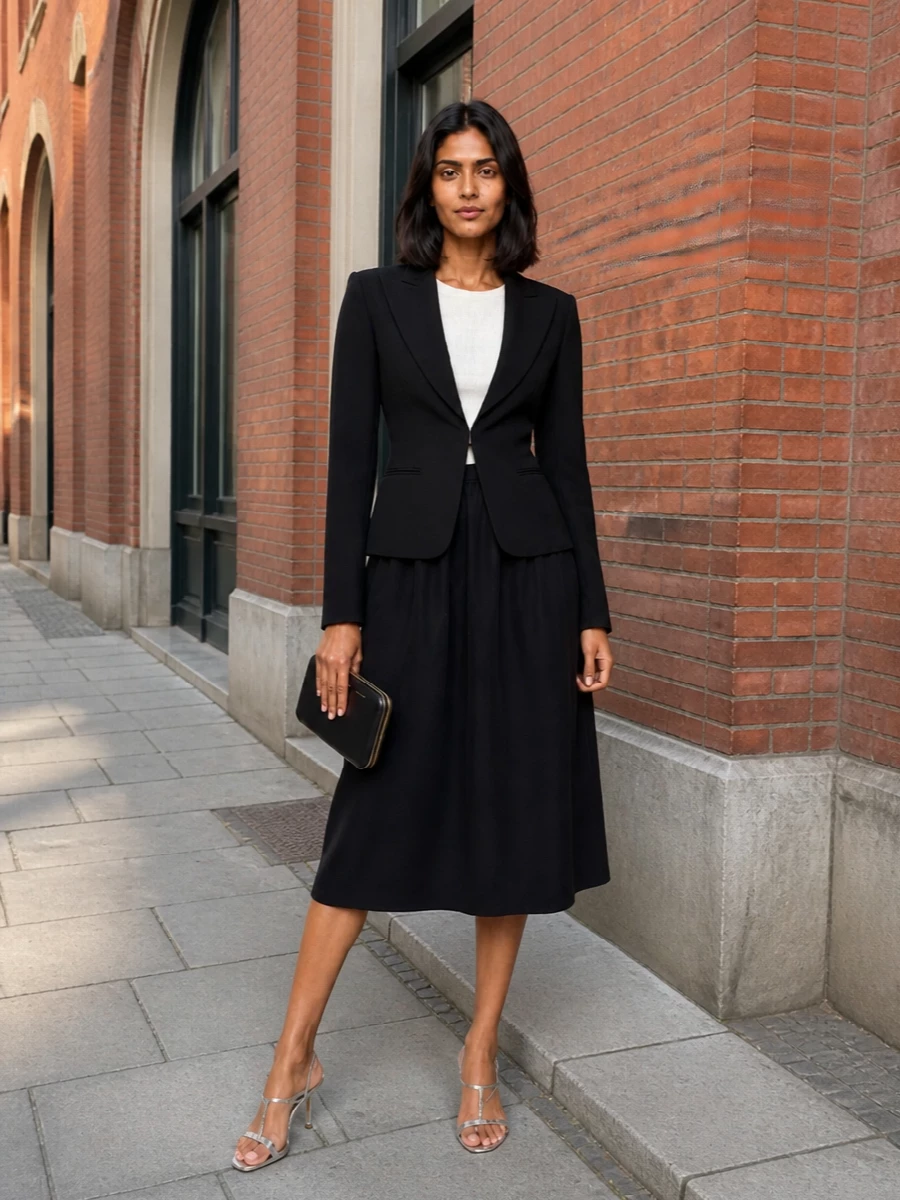 I’m styling the Gucci blazer over the Totême two-tone midi, so the jacket sharpens the ivory bodice and frames the black skirt as a long, lean column. Silver slingbacks and a structured black clutch pick up the minimalist hardware story, giving you a quietly luxurious evening ensemble that slips from serious dinner to gallery drinks without a single unnecessary detail.