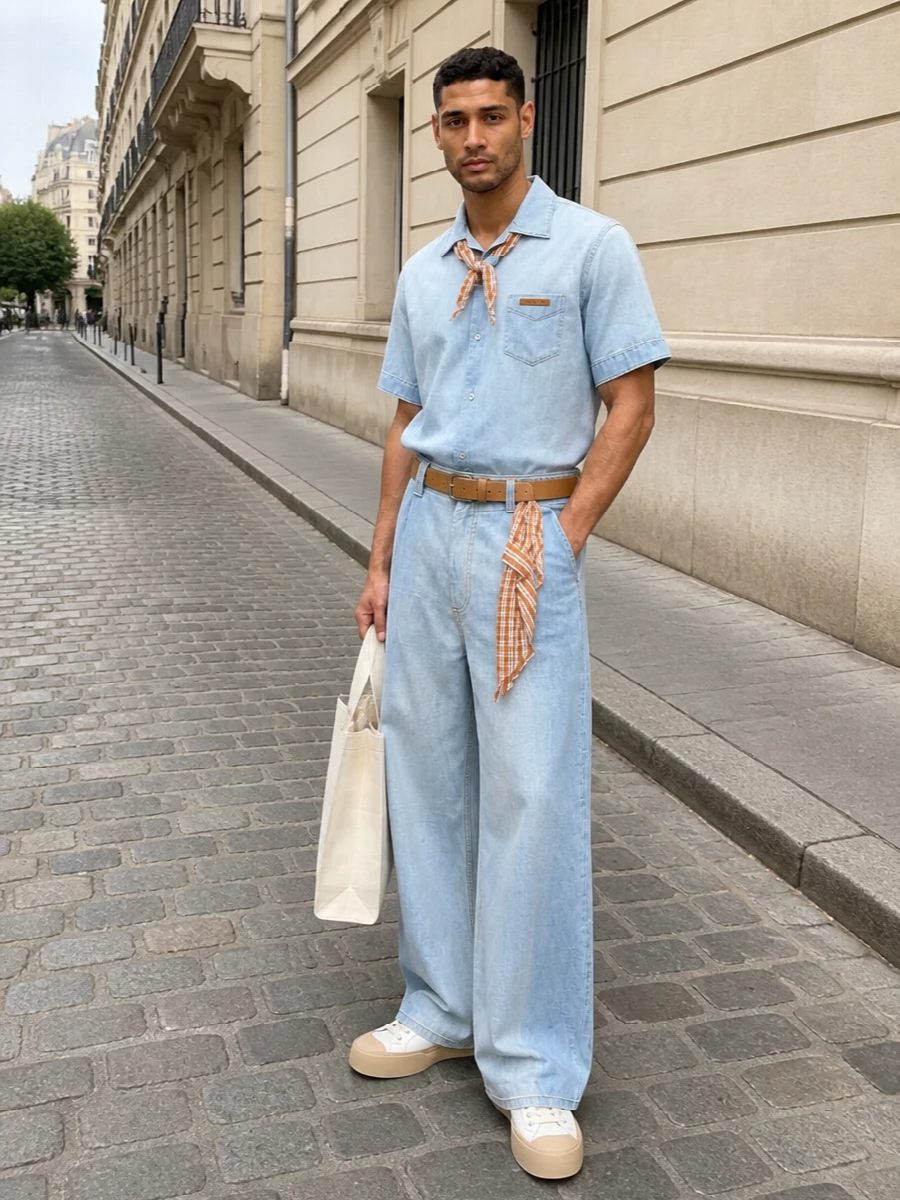 Marni two tone wide leg jeans light denim shirt