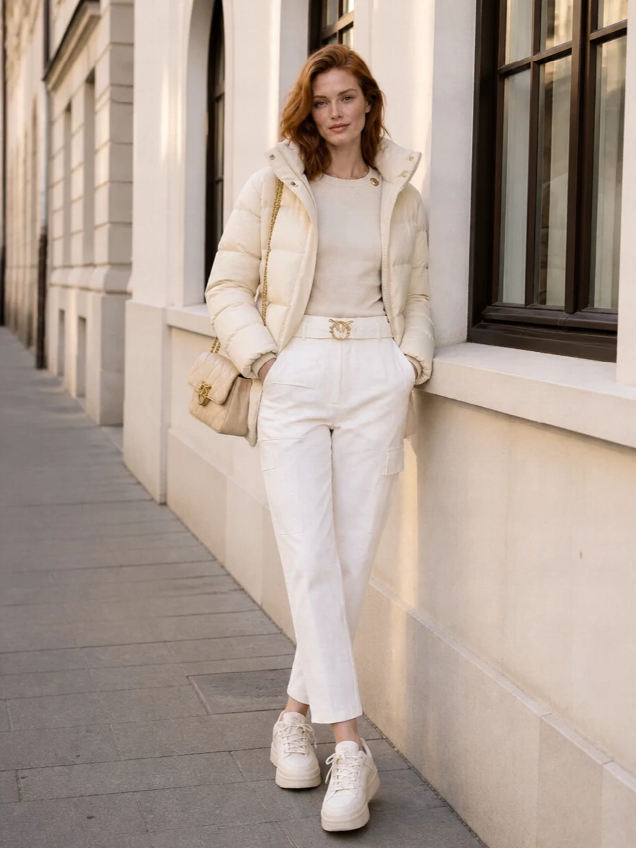 Pinko buttercream parka neutral cargo pants outfit