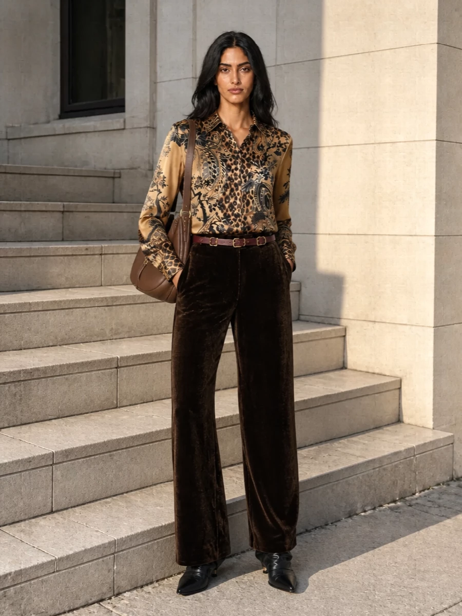 Etro leopard shirt brown velvet trousers outfit