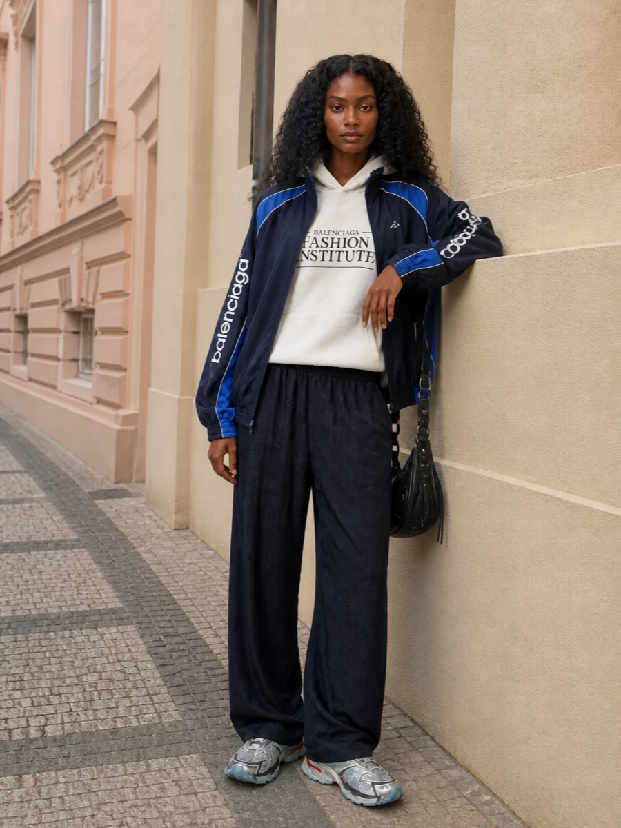 Balenciaga navy track jacket logo hoodie outfit