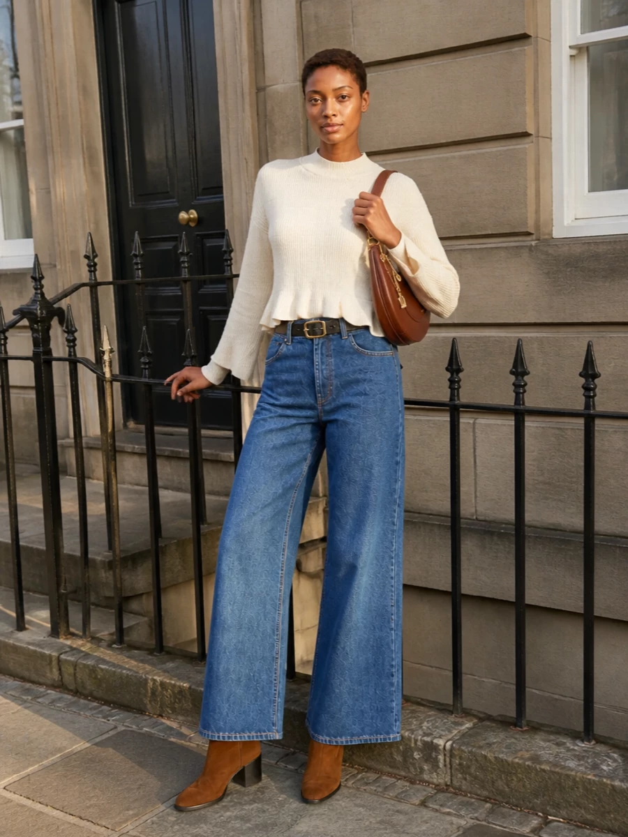 Chloe wide leg jeans ivory knit suede boots