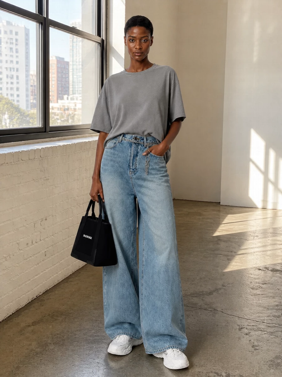 Balenciaga wide leg jeans chunky sneakers outfit