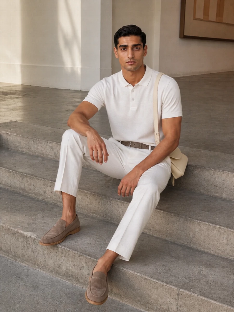 Herno ivory polo taupe suede loafers outfit