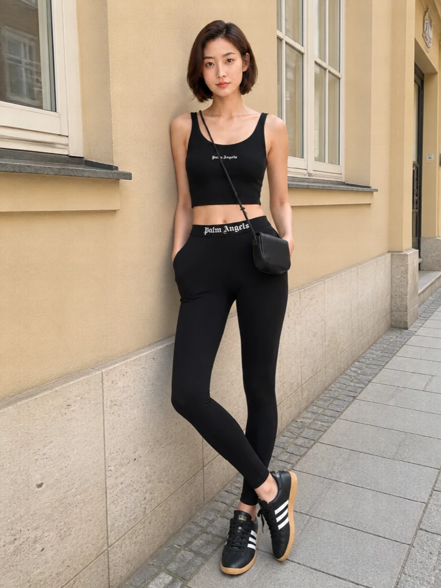 A tight, all-black Palm Angels base keeps the focus on clean lines and subtle logo hits, reading equal parts studio and street. Retro-inspired black sneakers with a gum sole ground the leggings without breaking the minimalist rhythm. A compact black crossbody finishes it with just enough structure to feel considered on the move.
