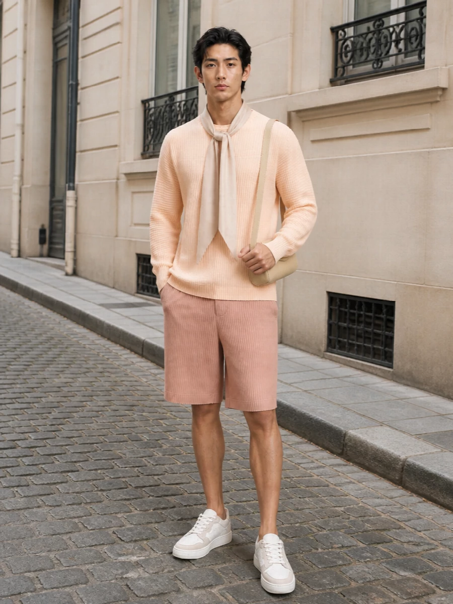 Soft blush pleats pair with a peach knit and off white accents for a tonal, sculpted outfit that feels calm but considered. The court sneakers keep it relaxed, while the slim cream shoulder bag and silk scarf add quiet definition and structure. Ideal for warm city days when you want ease with a precise, architectural finish.
