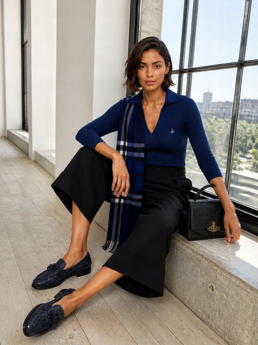 A slim navy knit meets sculptural cropped black tailoring for a quietly assured take on modern preppy. Navy loafers keep the line refined yet relaxed, while a structured quilted top-handle bag sharpens the finish. The result is city-ready polish that moves effortlessly from desk to late dinner.