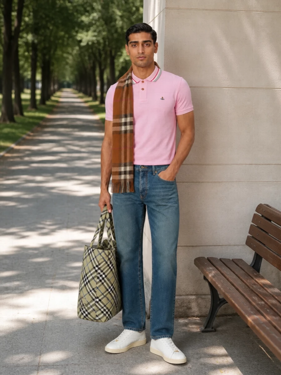 Soft pink, mid-indigo denim and sage-beige accessories create an easy, modern take on preppy streetwear. The straight-leg jeans and low-key white sneakers keep the proportions simple and relaxed, while the Burberry tote and scarf add a gentle heritage note that still feels youthful. It is an everyday outfit that reads considered without tipping into formality.