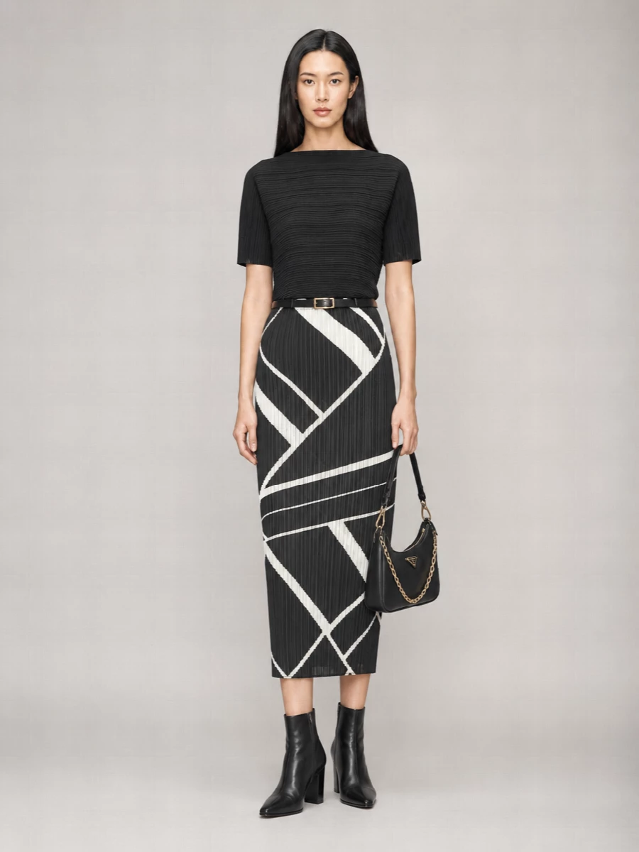 Pleats Please Issey Miyake Printed Pleated Pencil Midi Skirt