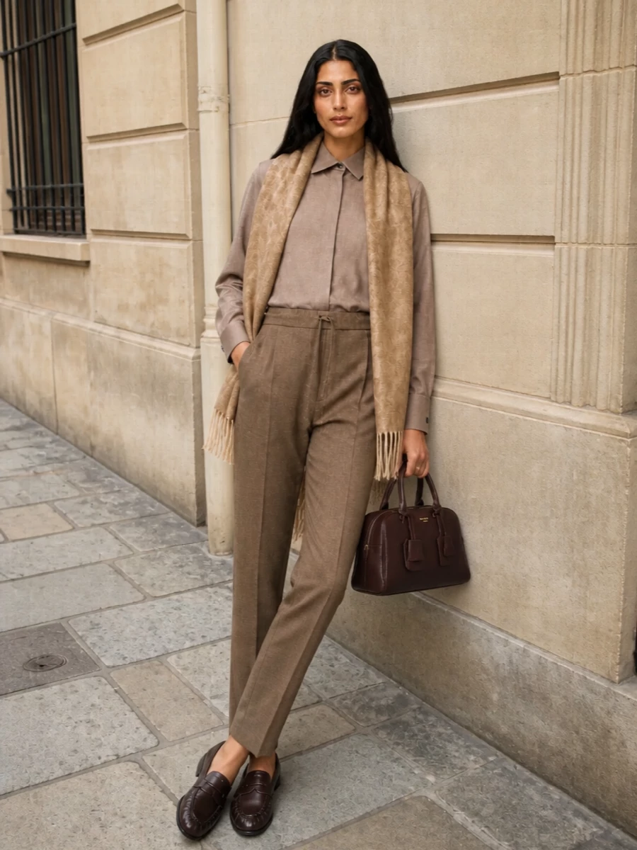 Max mara shirt prada loafers camel suit outfit