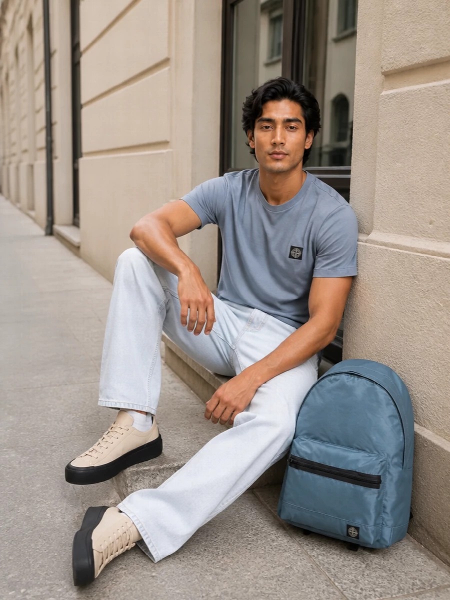 Soft steel blue meets ice-grey denim for a clean, technical take on casual city dressing. Pale neutrals at the sneaker and a tonal backpack keep the mood light, precise and quietly street-led without feeling over-styled.