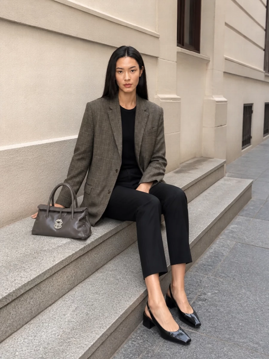 A boxy checked blazer sits over precise black tailoring for a calm, confident take on city suiting. The low block-heel slingback and structured charcoal bag keep the lines clean, making the whole outfit feel purposeful but relaxed enough to move from desk through dinner.