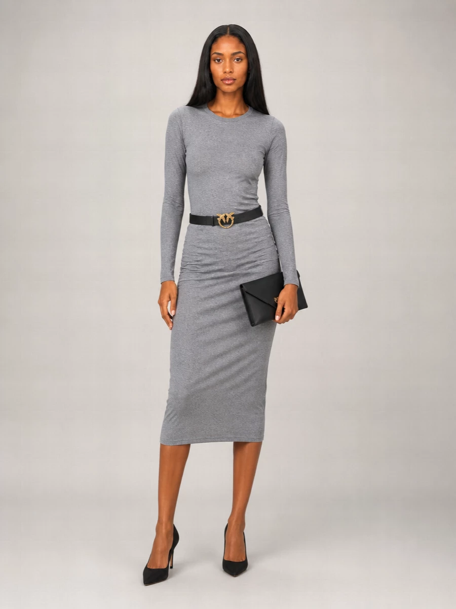 Pinko Wool-Blend Long-Sleeve Crewneck Midi Dress