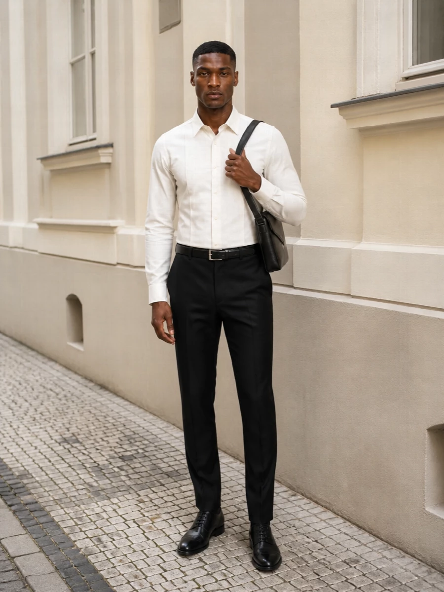 Saint laurent black trousers tux shirt outfit