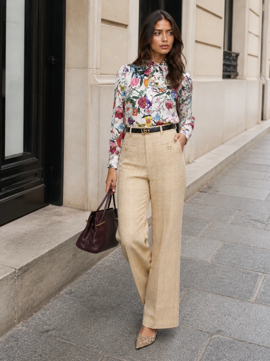Gucci ivory floral blouse wide leg trousers outfit