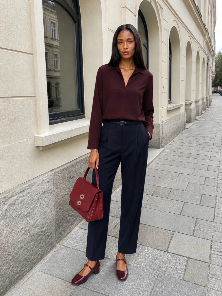 Max mara burgundy top navy tailored trousers