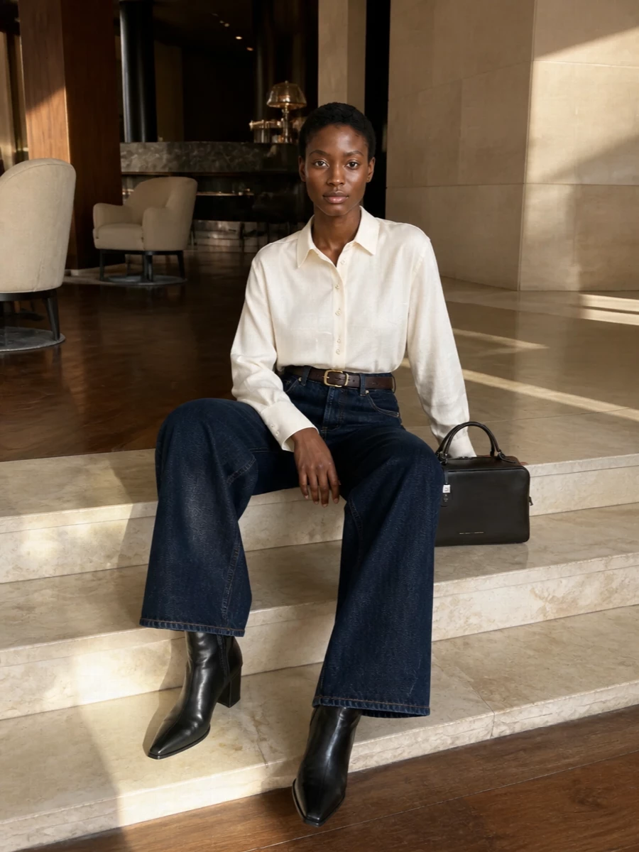 Brunello cucinelli wide leg jeans silk shirt