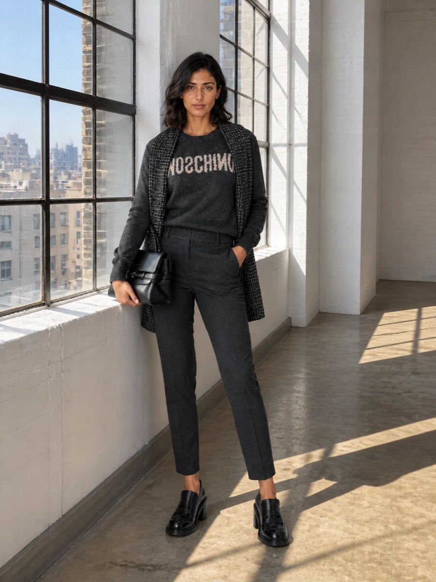 Moschino logo sweater tapered trouser outfit